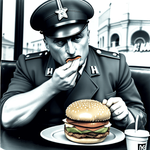 AI generated: Benito Mussolini eats hamburger in McDonalds