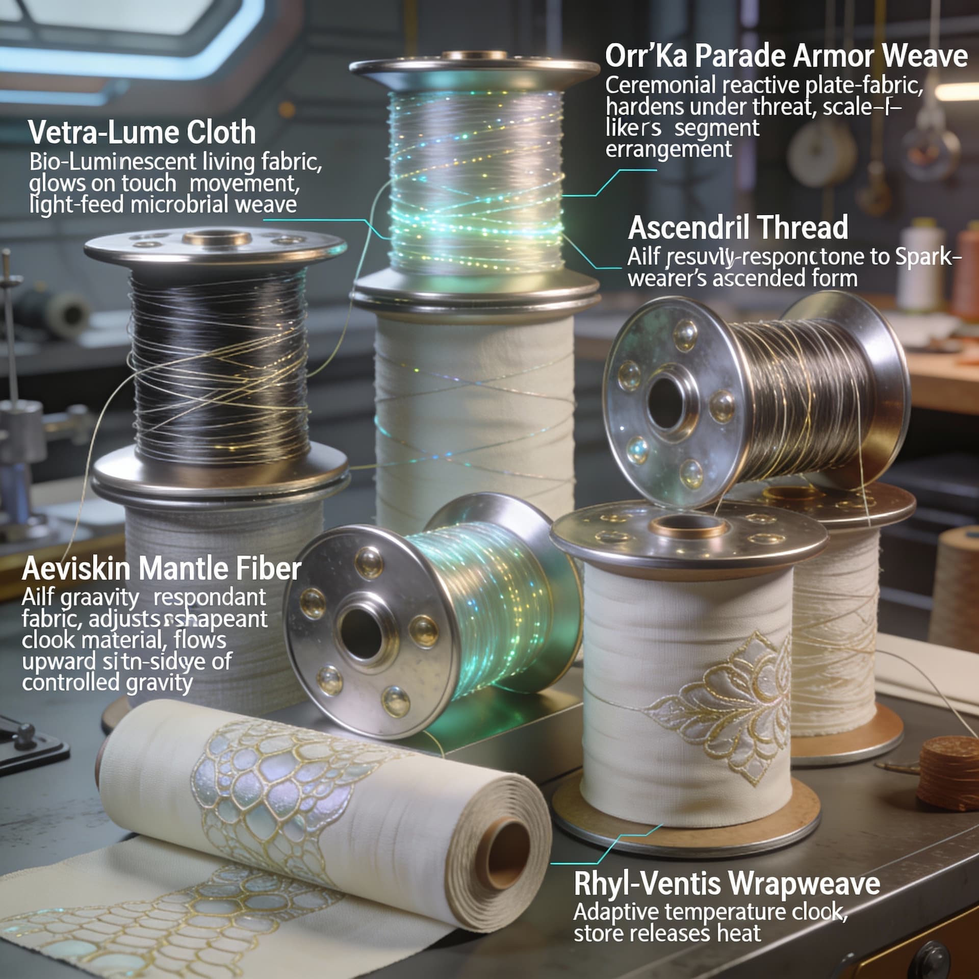 AI generated: Create spools of wire, thread, and linens for the creation of garments for futuristic clothing to a ...