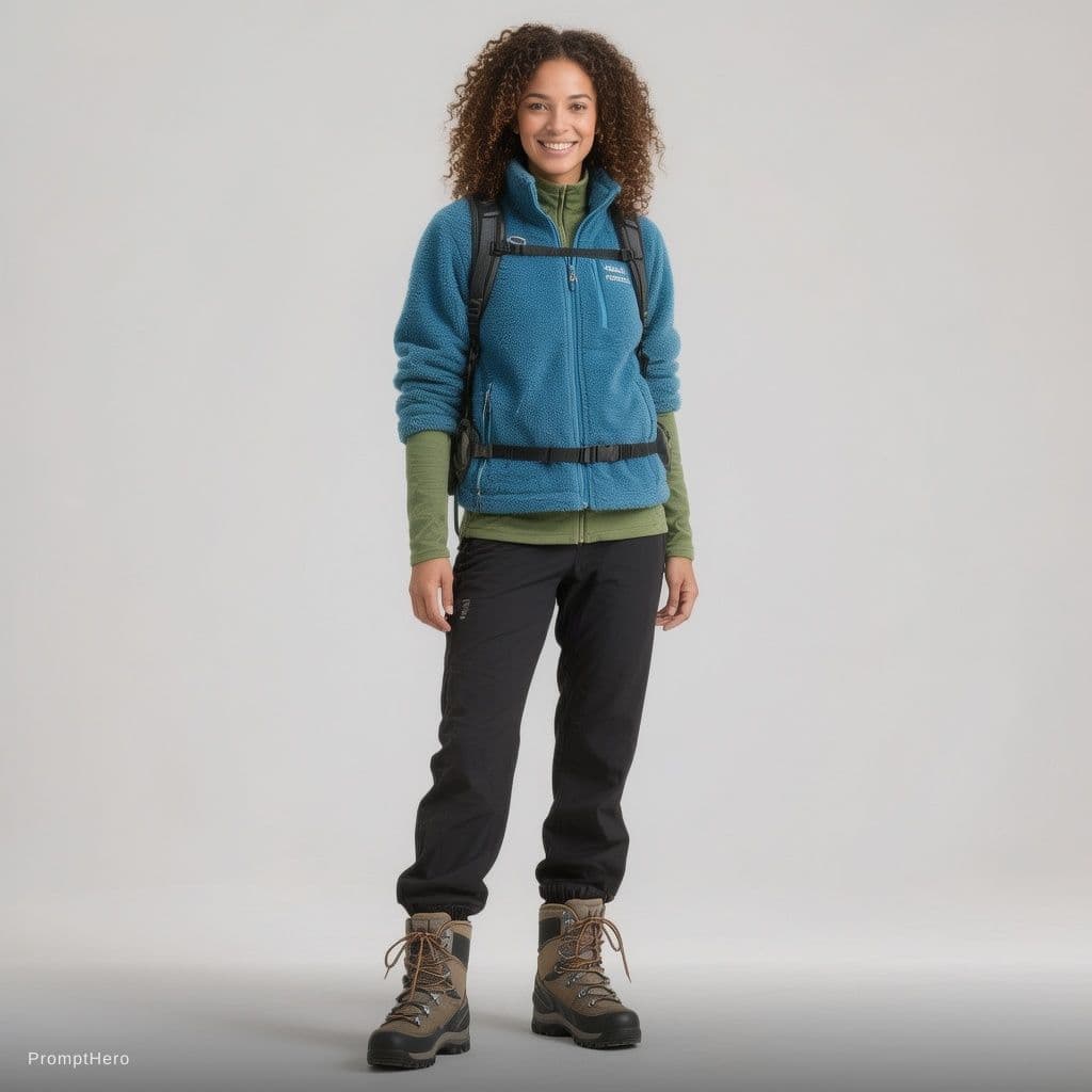 AI generated: a decidueye with a trainer wearing a blue fleece a green top black walking trousers and walking boot...