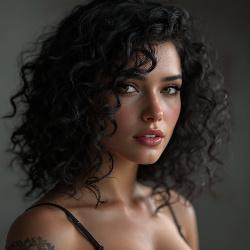AI generated: a model with curly black hair, in the style of daz3d, close-up, hazy, wavy, brown, tondo, ferrania p...