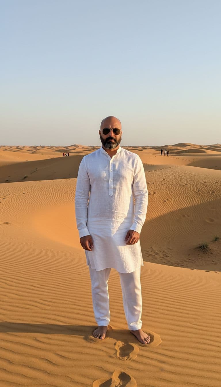 AI generated: A stylish young man with a lean, toned physique (around 57 kg, 5'6" tall) — his beard remains unchan...