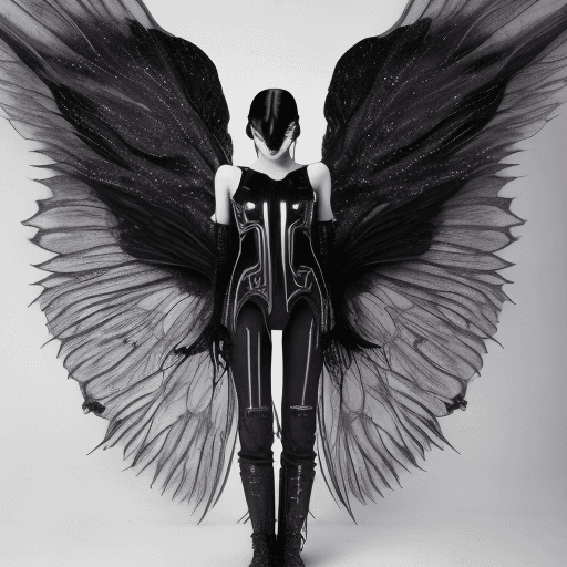 AI generated: there is a woman in a black cyberpunk techno bodysuit with transparent black fairy wings, fairy aest...