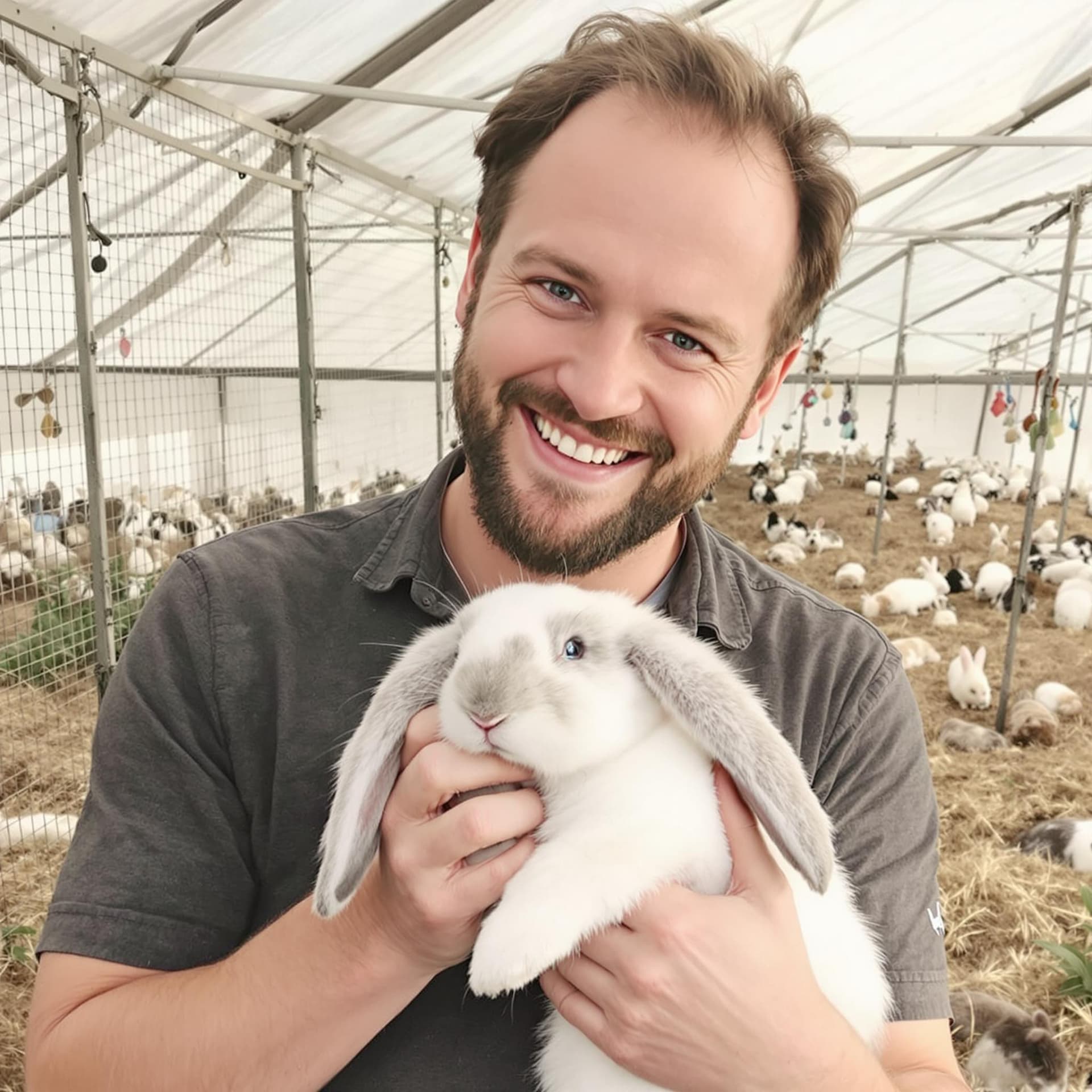AI generated: In the photo in the rabbitry, a man holds a rabbit by the ears and looks at the camera, smiling.

