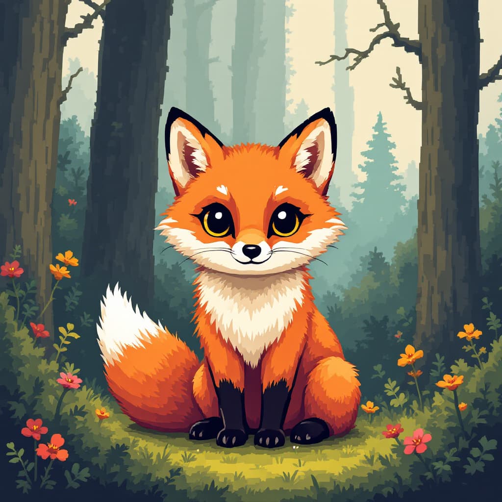 AI generated: " PIXEL ART 80´S YEAR STYLE",  Pixel portrait of a chibi red fox,  square pixel design, illustration...
