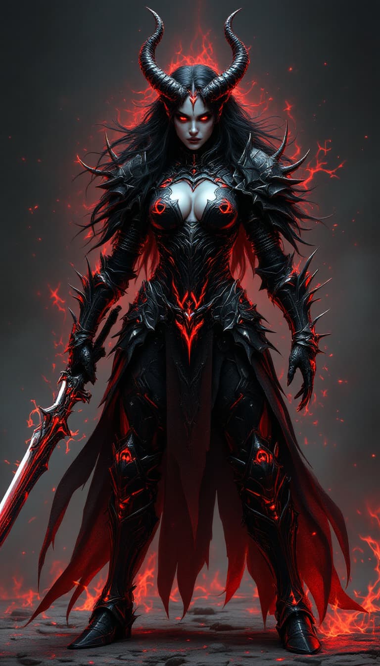 AI generated: An ultra-realistic, full-body portrait of a mesmerizing demon knight woman, her pose both powerful a...