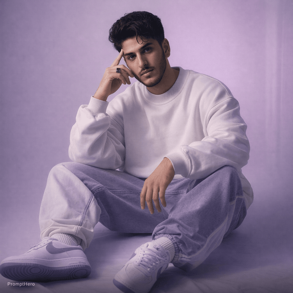 AI generated: Oversized white sweatshirt, white purple oversized combat jean, styled with footwear: white purple n...