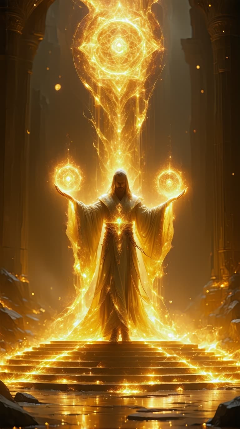 AI generated: A luminous golden guardian, their form woven from celestial silk and cosmic energy, stands atop a le...