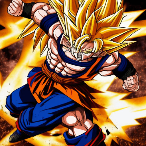 AI generated: Dbz: Goku like character, extra long yellow hair, fighting at war, extrame rage, berserk, screaming,...