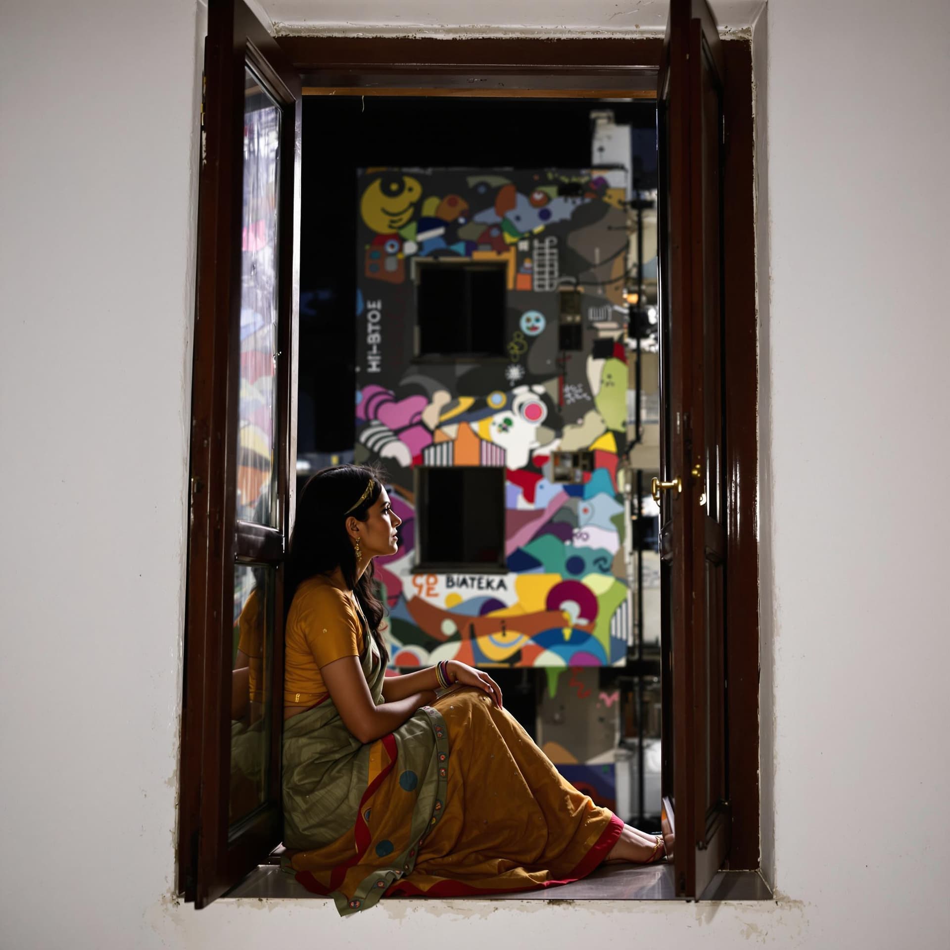 AI generated: a tall open window with a view of a building with a colorful abstract mural, a Indian woman, from th...