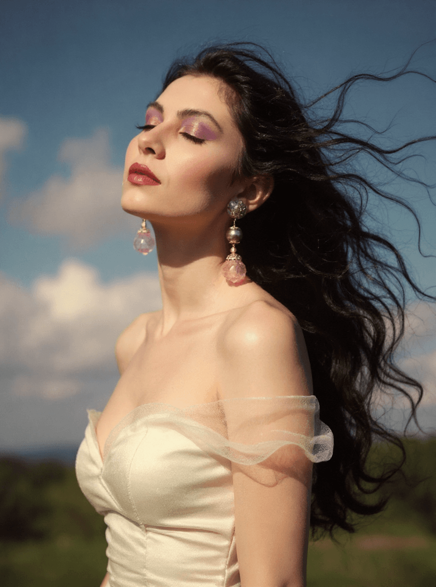 AI generated: A half Body Photo of a beautiful dark haired girl, her head slightly looking up to the sky, feeling ...