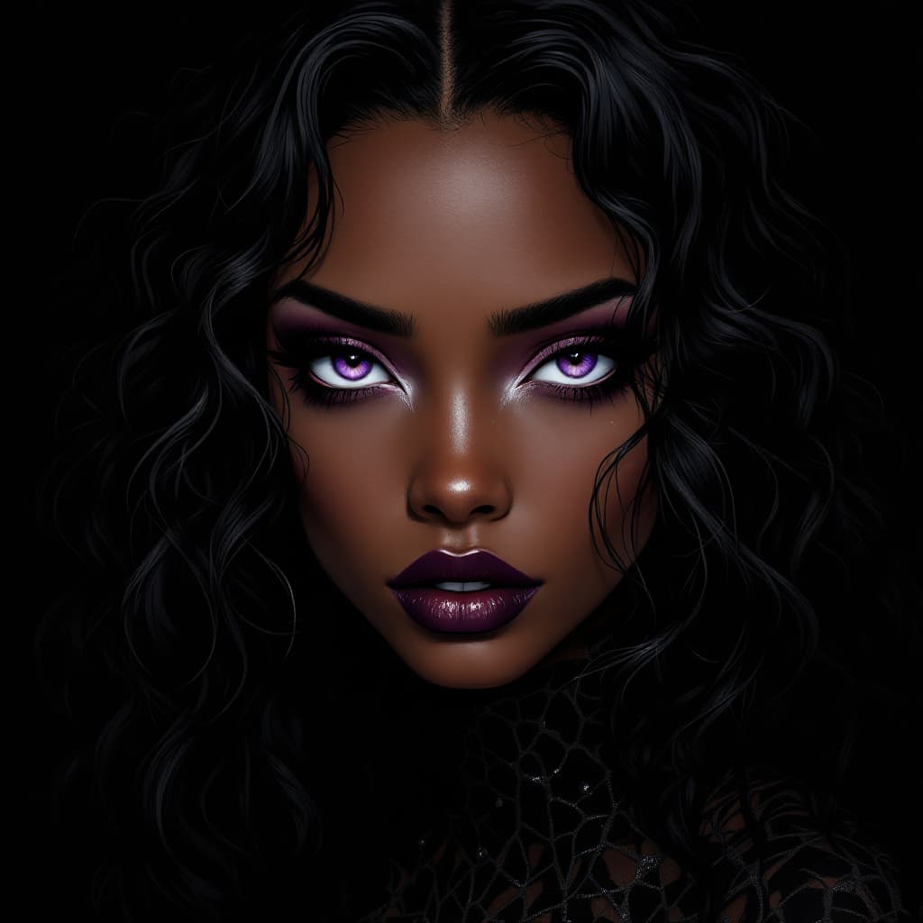 AI generated: gothic anime style,a Girl is cold and arrogant,dark mocha skin, white makeup,purple eyes, long black...