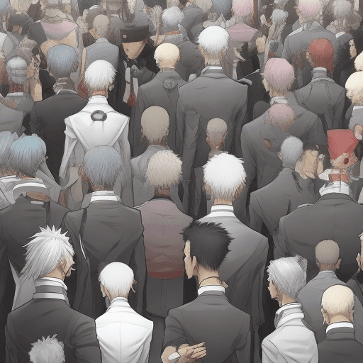 AI generated: Echoes of Obedience: Illustrate NPC (Gray Man) surrounded by a sea of identical characters, all echo...