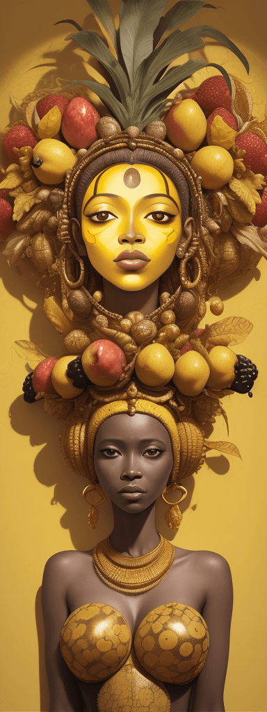 AI generated: a mural of woman on a yellow wall with fruit on her head, in the style of ingrid baars, 32k uhd, ben...
