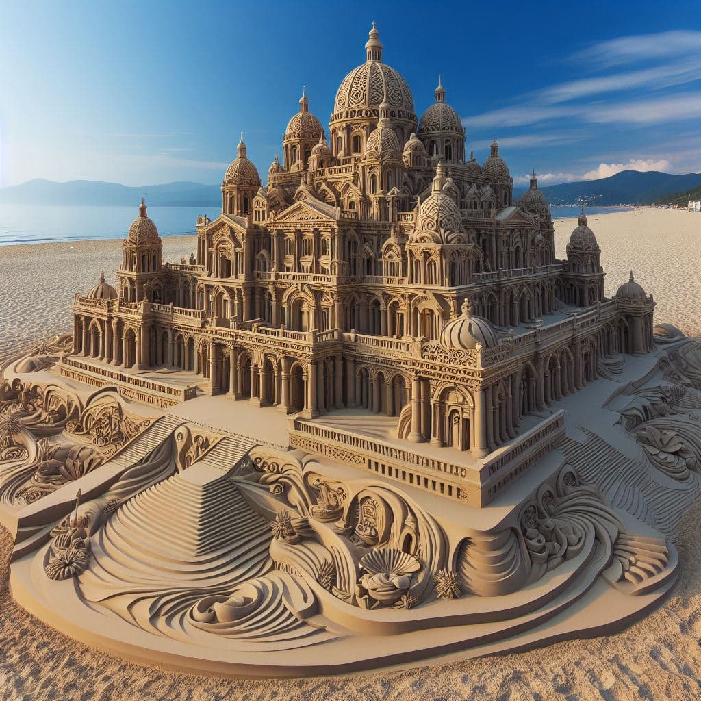 AI generated: En la orilla de la playa hay una Civilización de arena, masterpiece