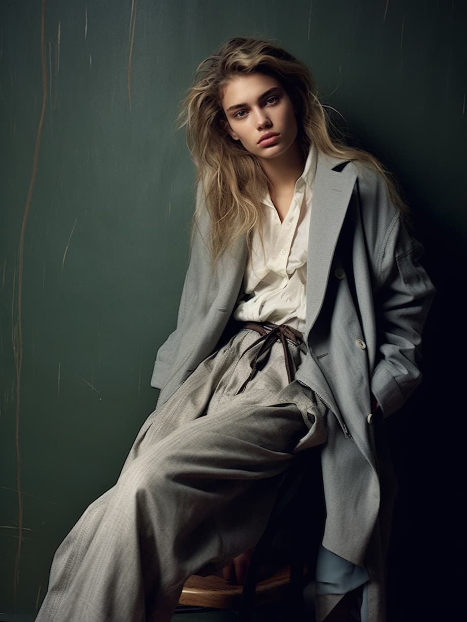 AI generated: a woman sitting on a stool wearing a coat, i-d magazine, grey tarnished longcoat, very pretty model,...