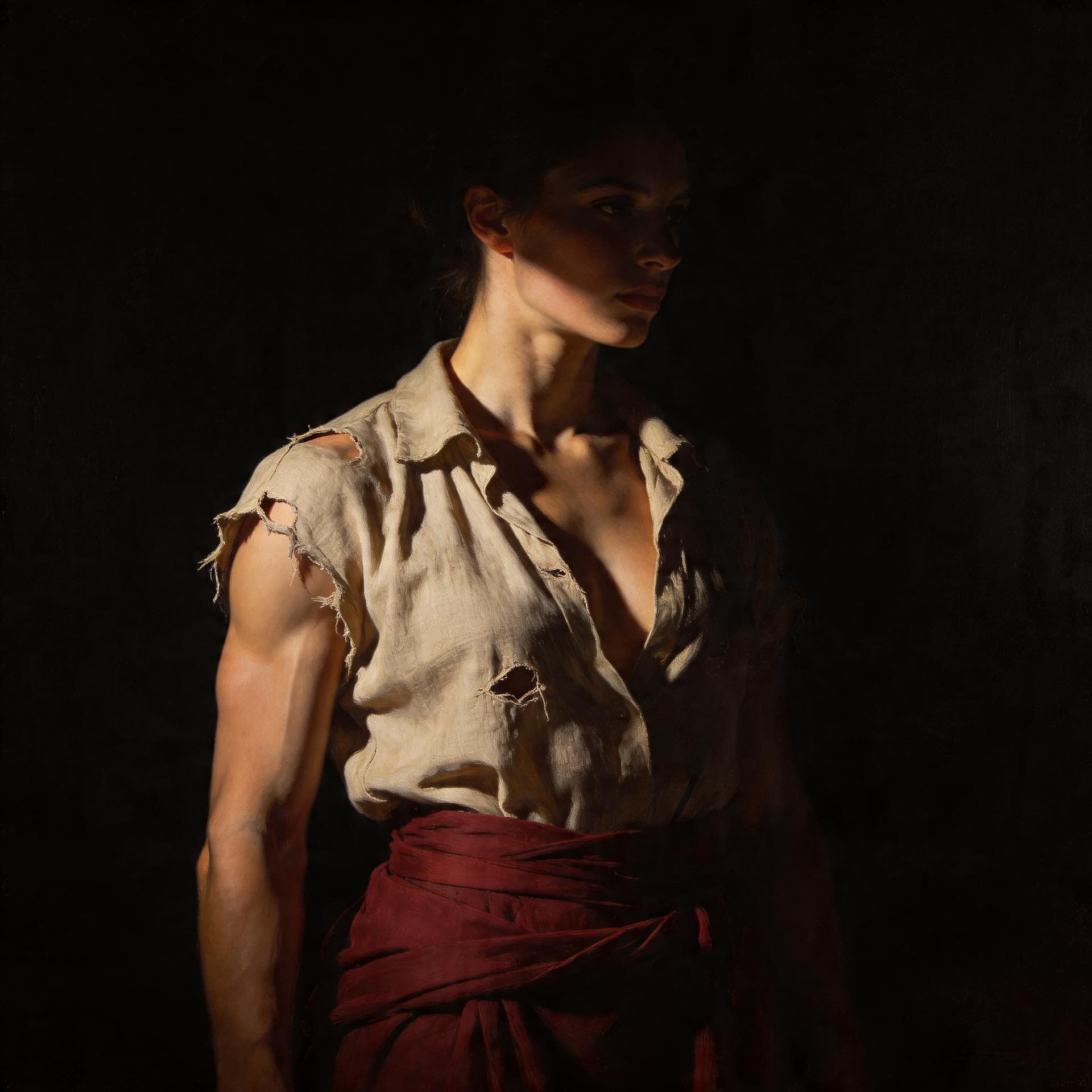 AI generated: Tenebristic oil painting with dramatic light contrast of a muscular female figure emerging from dark...