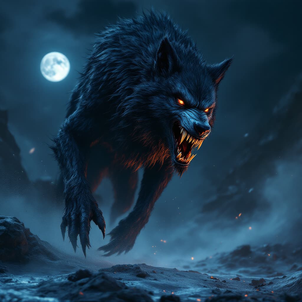 AI generated: Insanely_detailed_digital matte painting. A werewolf roaming in the night. Moon shining in the backg...