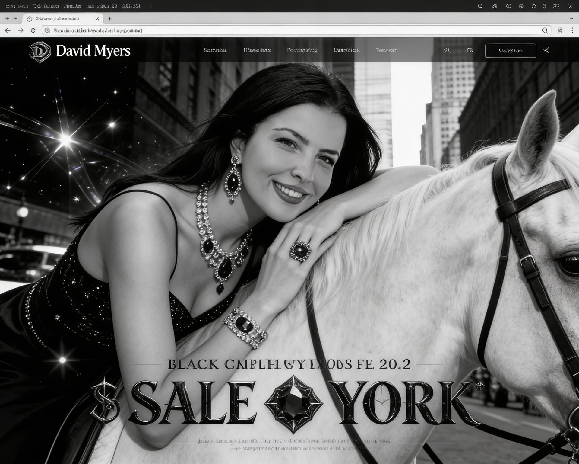 AI generated: a black and white photo of a woman leaning on a horse, luxury brand, sparkling dark jewelry, supermo...