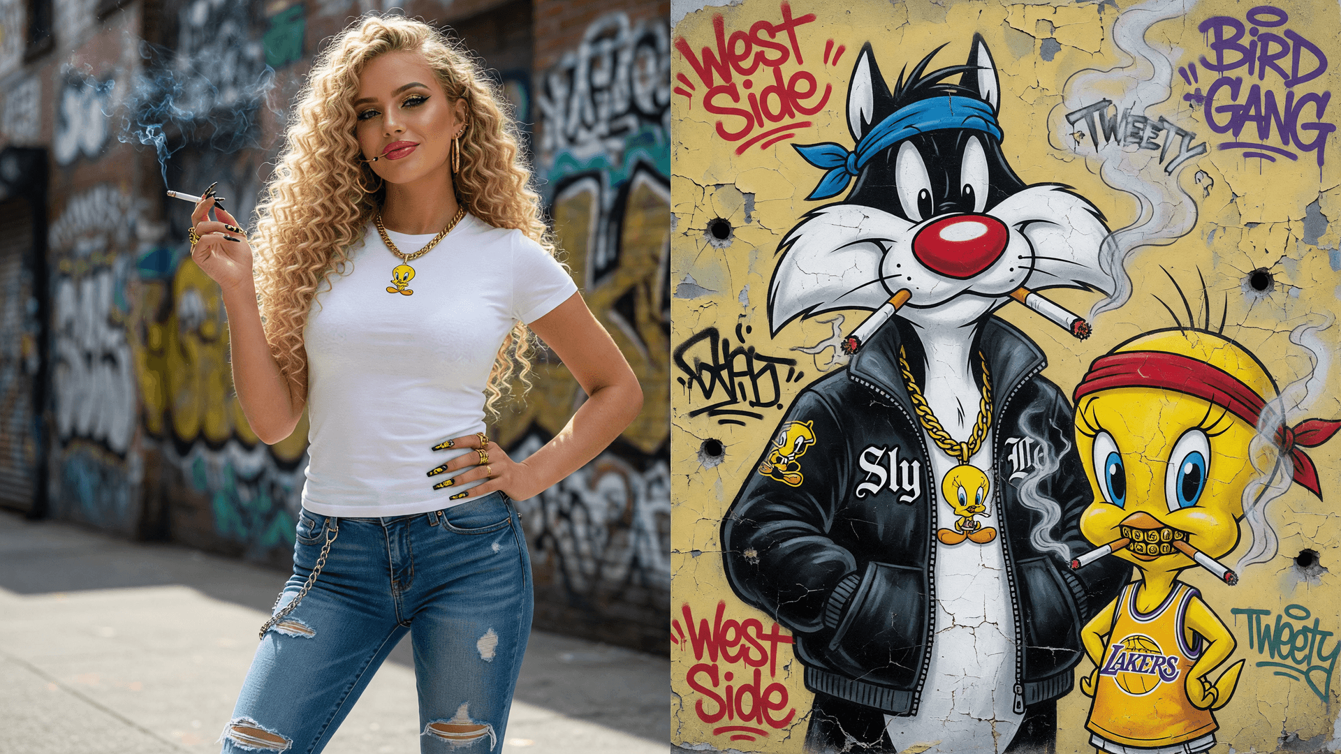 AI generated: 4K image of a beautiful blonde girl with long curly hair.wearing skin tight blue jeans and a tight, ...