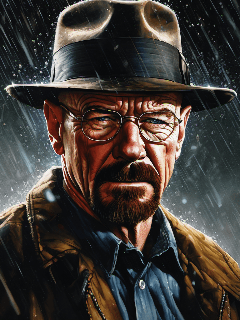 AI generated: portrait of walter white as heisenberg, with mean look, rain, mystical, dark, dramatic, epic composi...