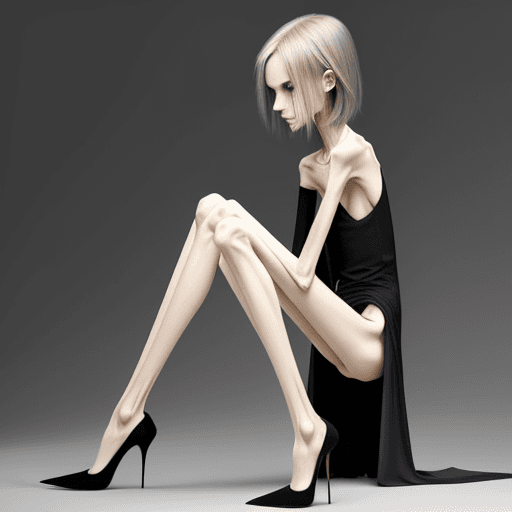 AI generated: kneering position of extreme skinny slender anorexic girl very skinny slender girl, with long curved...