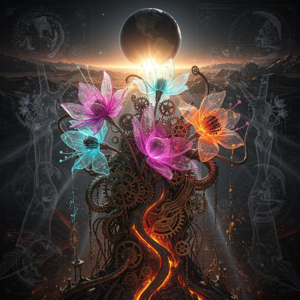 AI generated:  A full-length steampunk portrait with a double exposure effect, combining spectral X-ray imagery wi...