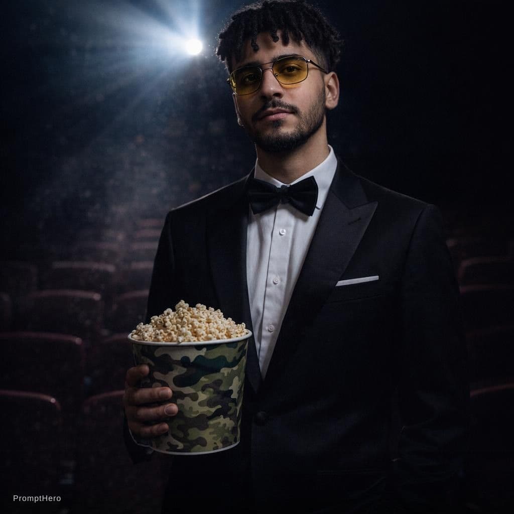 AI generated: photography, in a cavernous cinema, a man exudes a quiet coolness in the spotlight of the projector’...