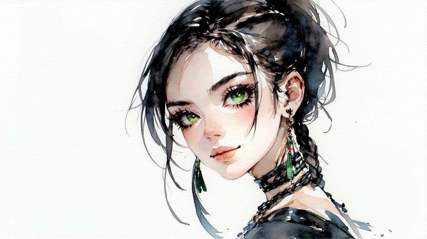 AI generated:  water color illustration ((anime) ), anime full body Symbolist ink wash painting of a 24-year-old Y...
