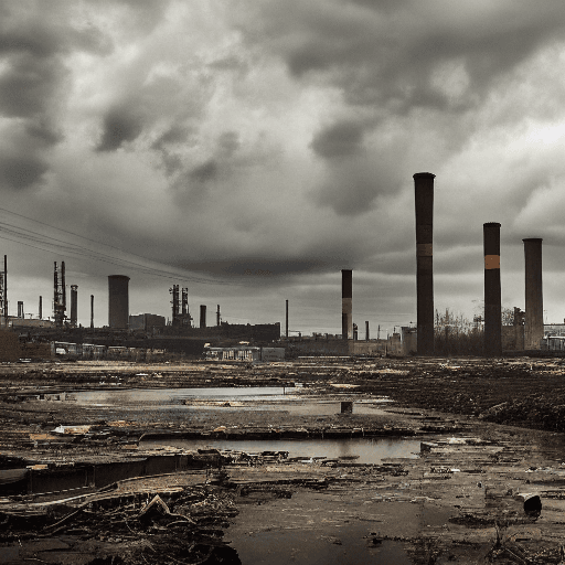 AI generated: a sprawling industrial landscape with towering smokestacks, billowing dark clouds, and a polluted ri...