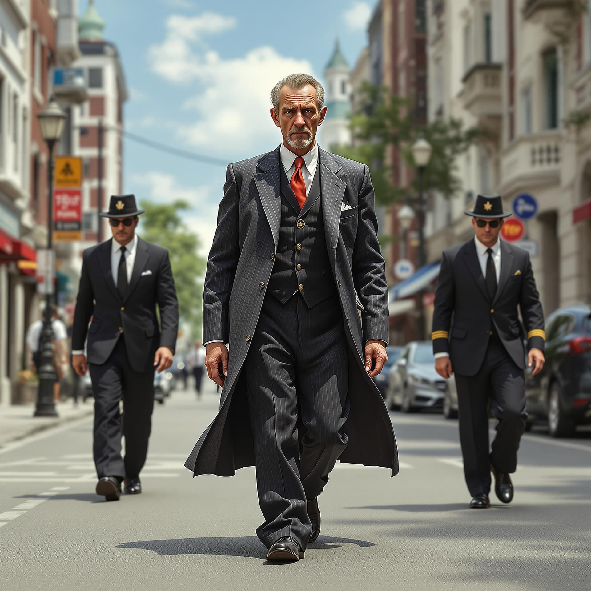 AI generated: A thin and poor man in the summer, walks along a wide street, dressed in expensive clothes, accompan...