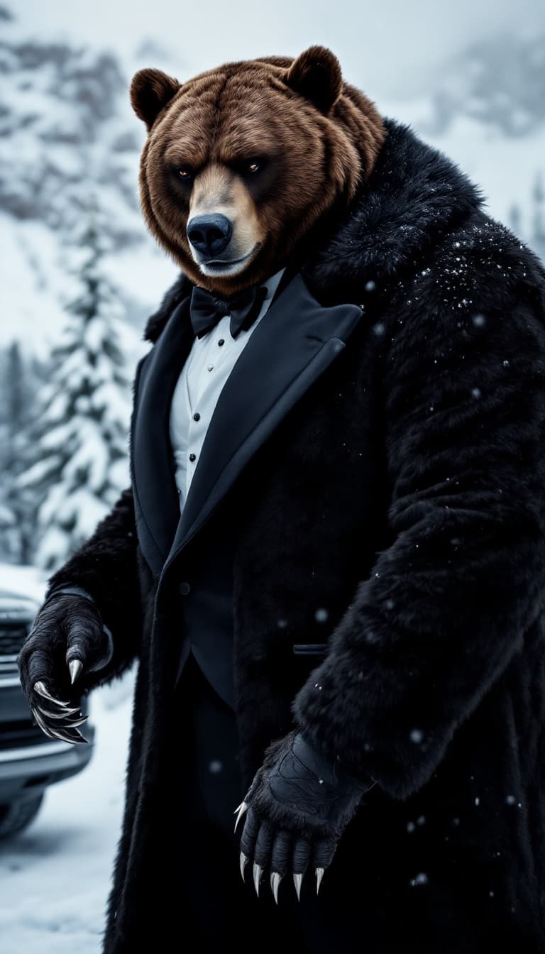 AI generated: A powerful anthropomorphic grizzly bear in a black fur-lined tuxedo, standing next to a Canadian bil...