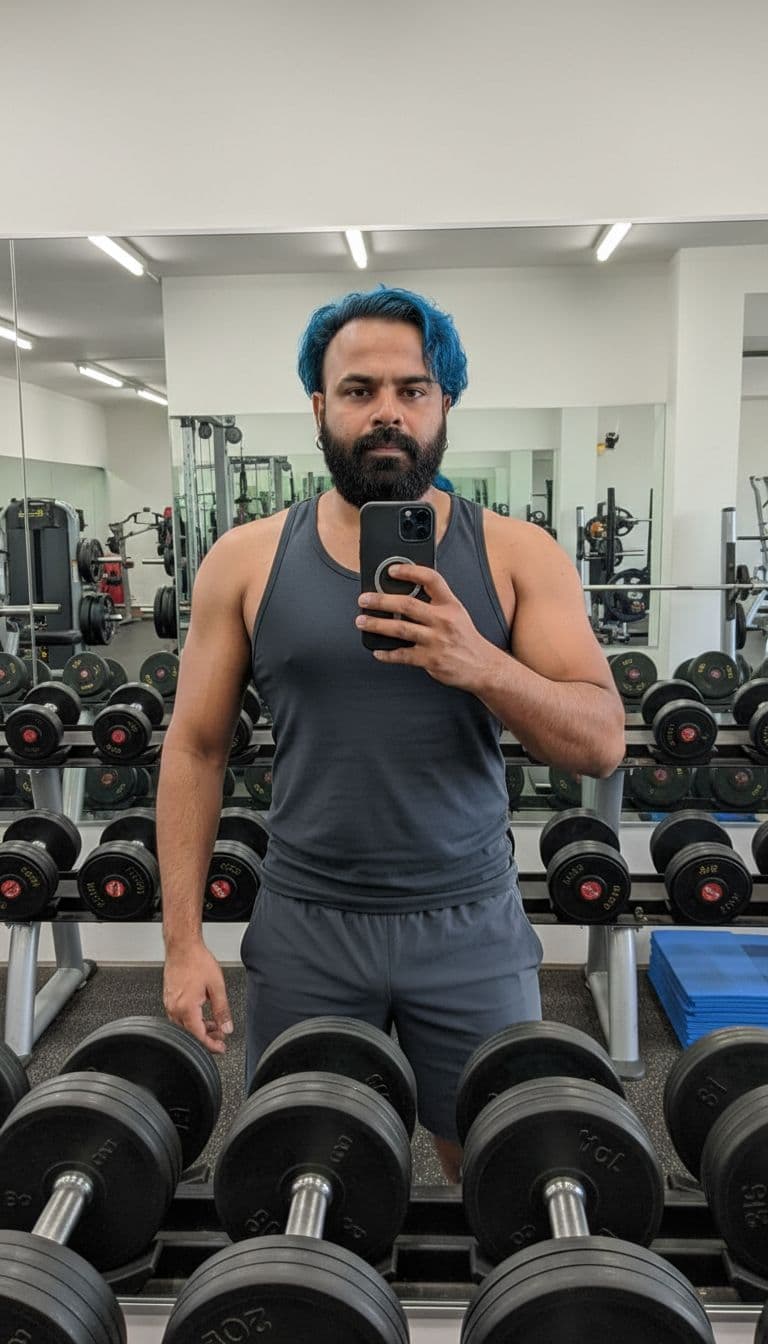 AI generated: ULTRA HD- LIFELIKE- 8K - A fitness selfie in a modern gym with weight racks visible in background.  ...