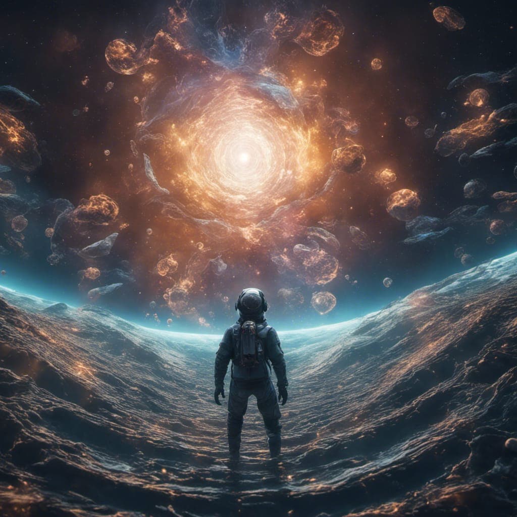 AI generated: Existentialism, simulation, multiverse, fractals, man floating in space, astral plane, Unreal Engine...