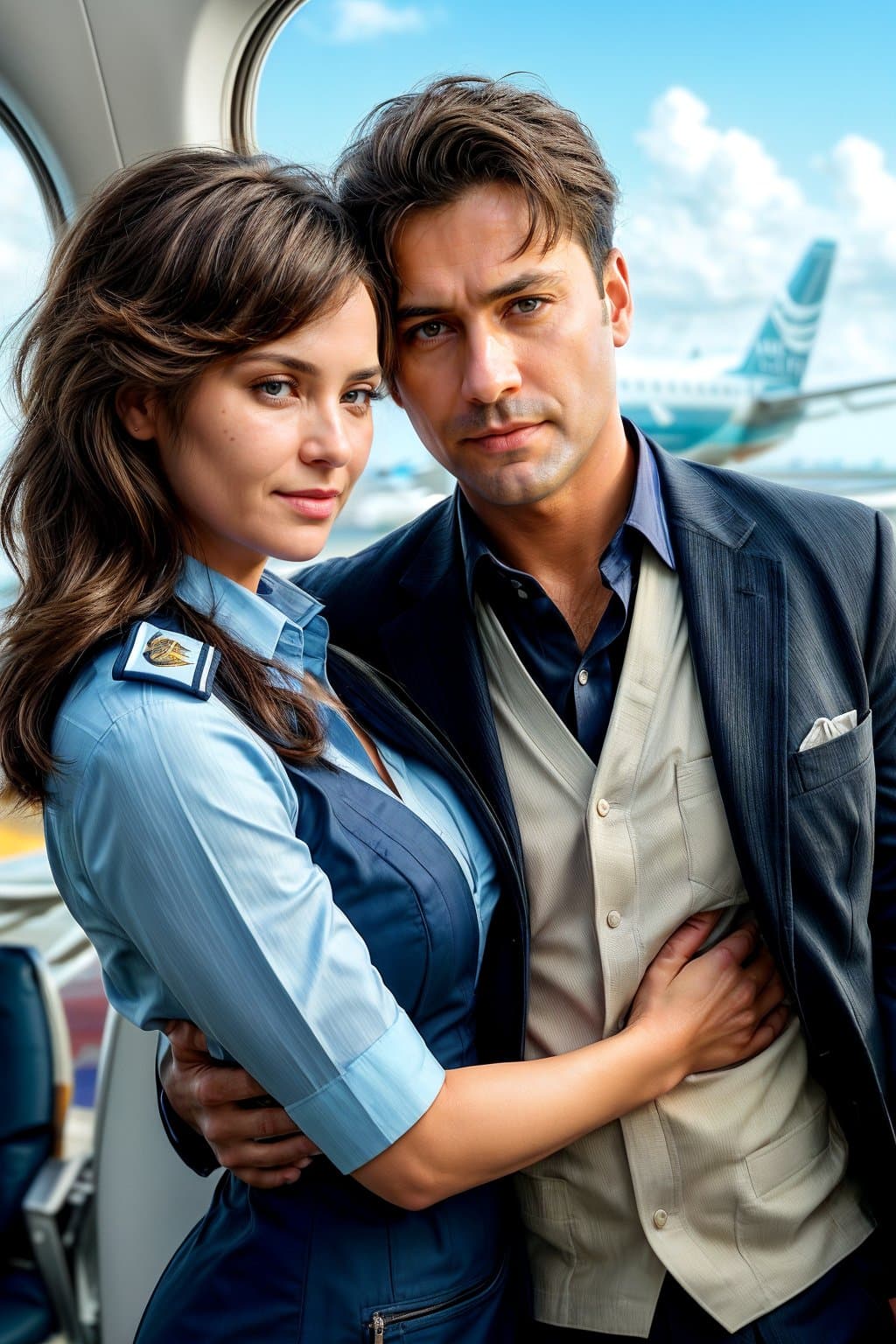 AI generated: action packed, Masterpiece, best quality, (Funny man| pilot of a civil aircraft stands in an embrace...