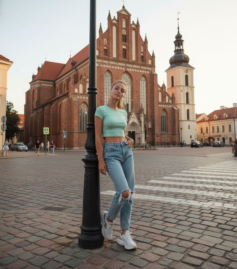 AI generated: 22 year old 5 foot 7 spanish girl, standing  .stands in Vilnius Old Town against the backdrop of St....