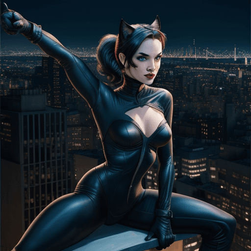 AI generated: Catwoman: Acrobatic rogue on a rooftop, with the city of Gotham in the background.
