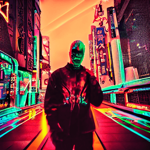 AI generated: A cyborg demon, neon, tokyo skyline, bokeh, | centered| intricate| highly detailed| breathtaking bea...