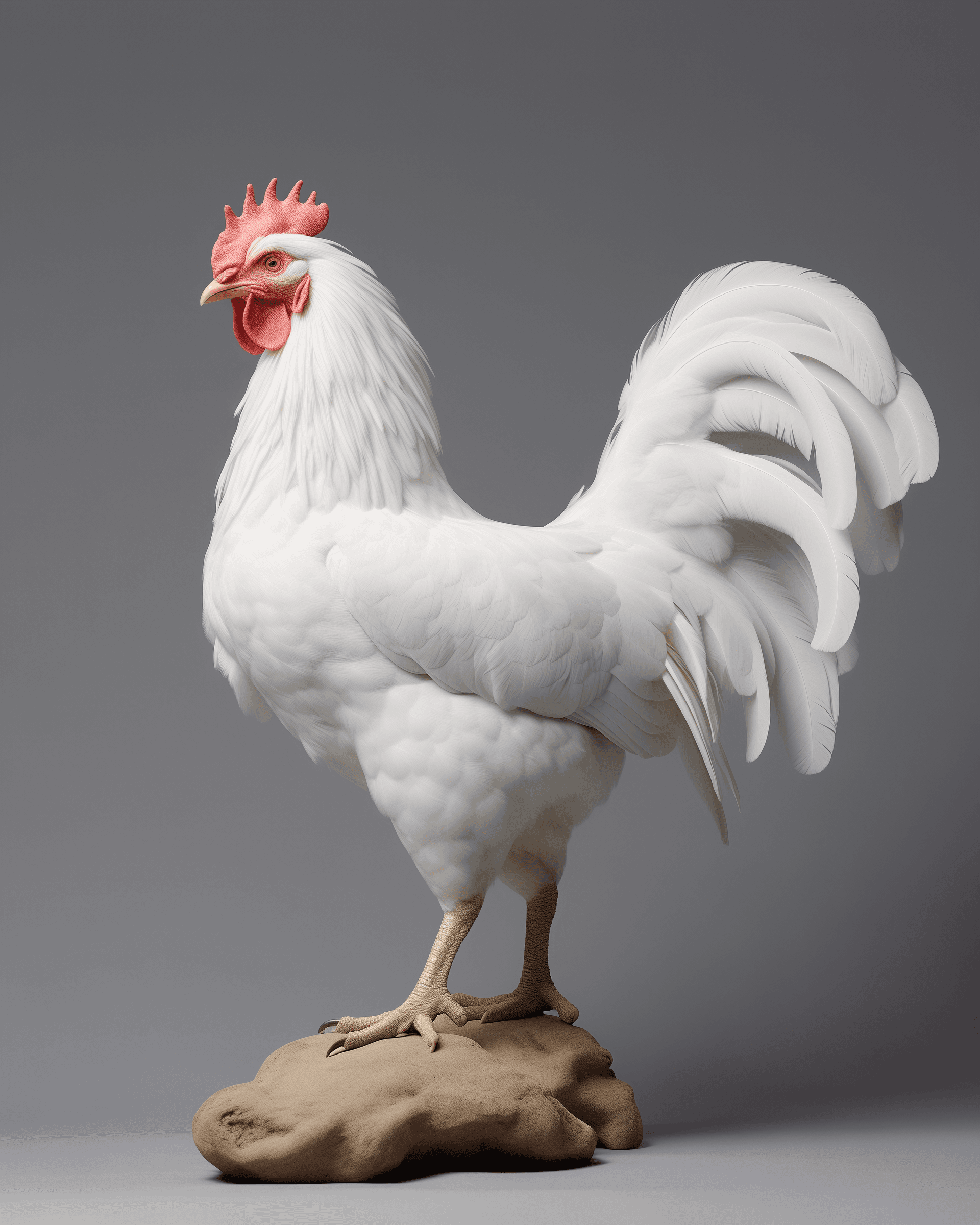 AI generated: a white chicken standing up on a grey background, in the style of museum gallery dioramas, realist: ...