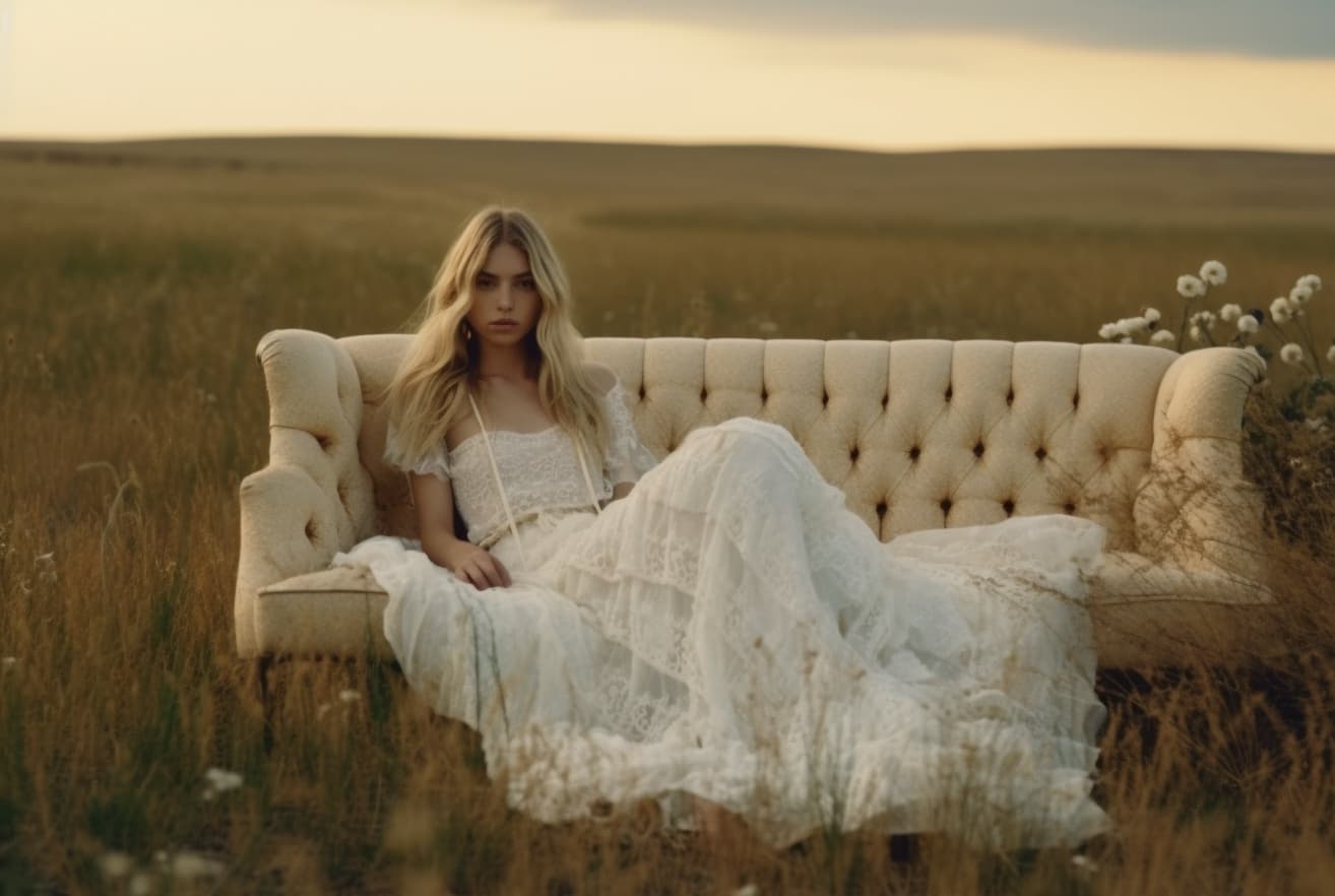 AI generated: a woman sitting on top of a couch in a field, skinny girl in white boho dress, lalisa manobal, allur...