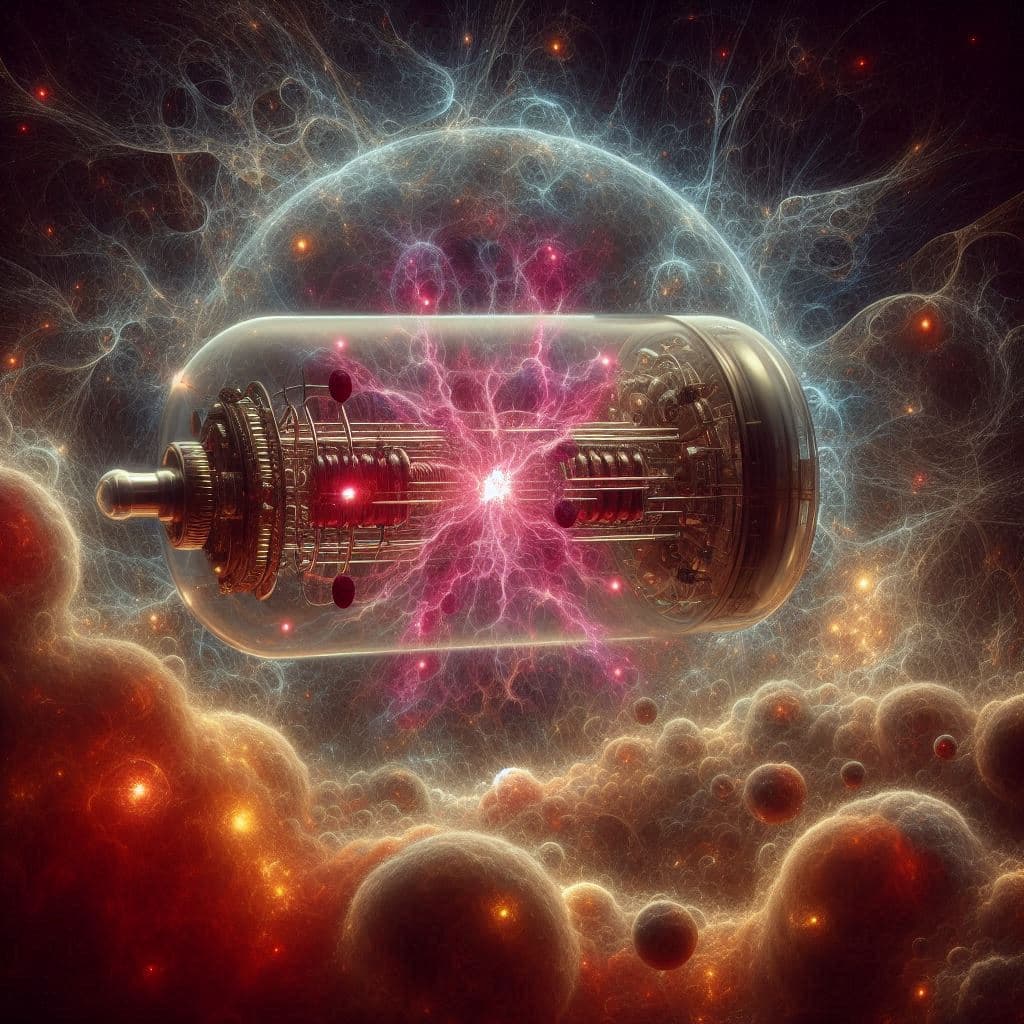 AI generated: The alien spacecraft is a translucent fractal radio tube emitting a glowing shell of purple lightnin...