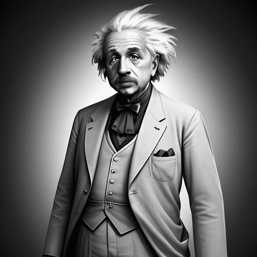 AI generated: High resolution futuristic Albert Einstein, his suit should be white with gold, it should look very ...