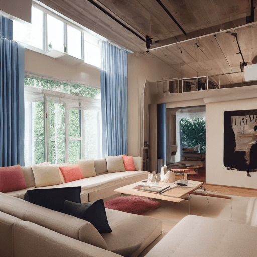 AI generated: high resolution photography interior design, dreamy sunken living room conversation pit, wooden floo...