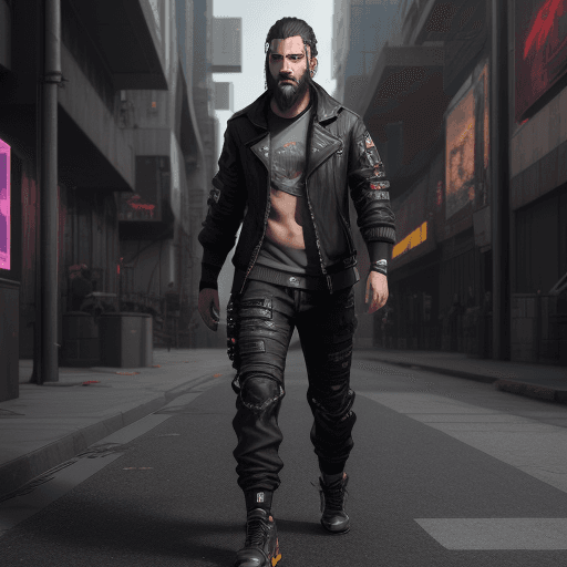AI generated: Young, short beard, unmasked, cyberpunk, full body, 4k, outdoor, street, black, hair brown, hyperrea...