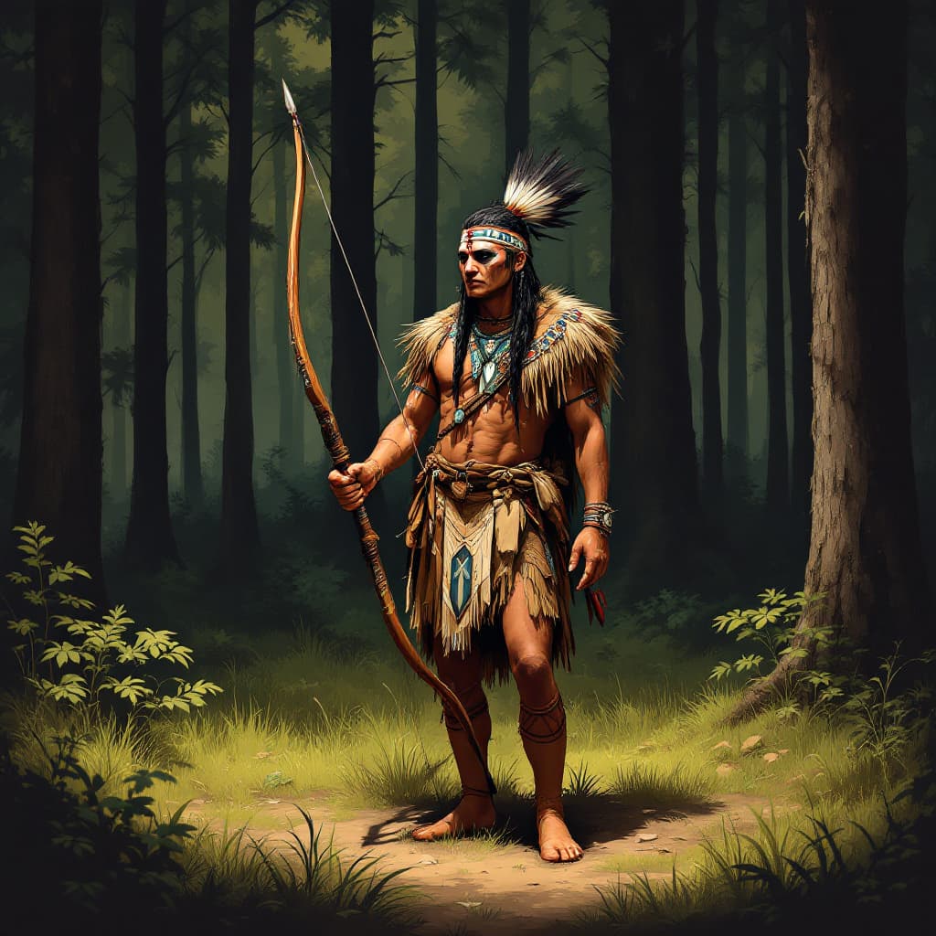 AI generated: Centered image of a Choctaw Indian painted according to his traditional culture with a bow and arrow...