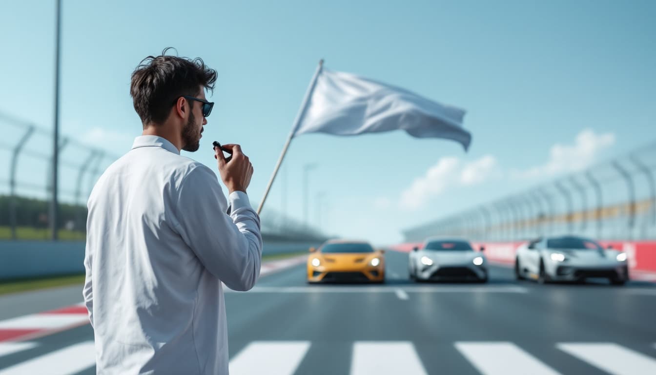 AI generated: The starter is a man standing on the side of the track in a white sports shirt, without a headdress,...