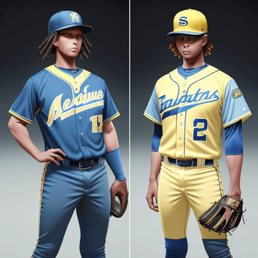 AI generated: Baseball uniforms, blue and yellow, futuristic 