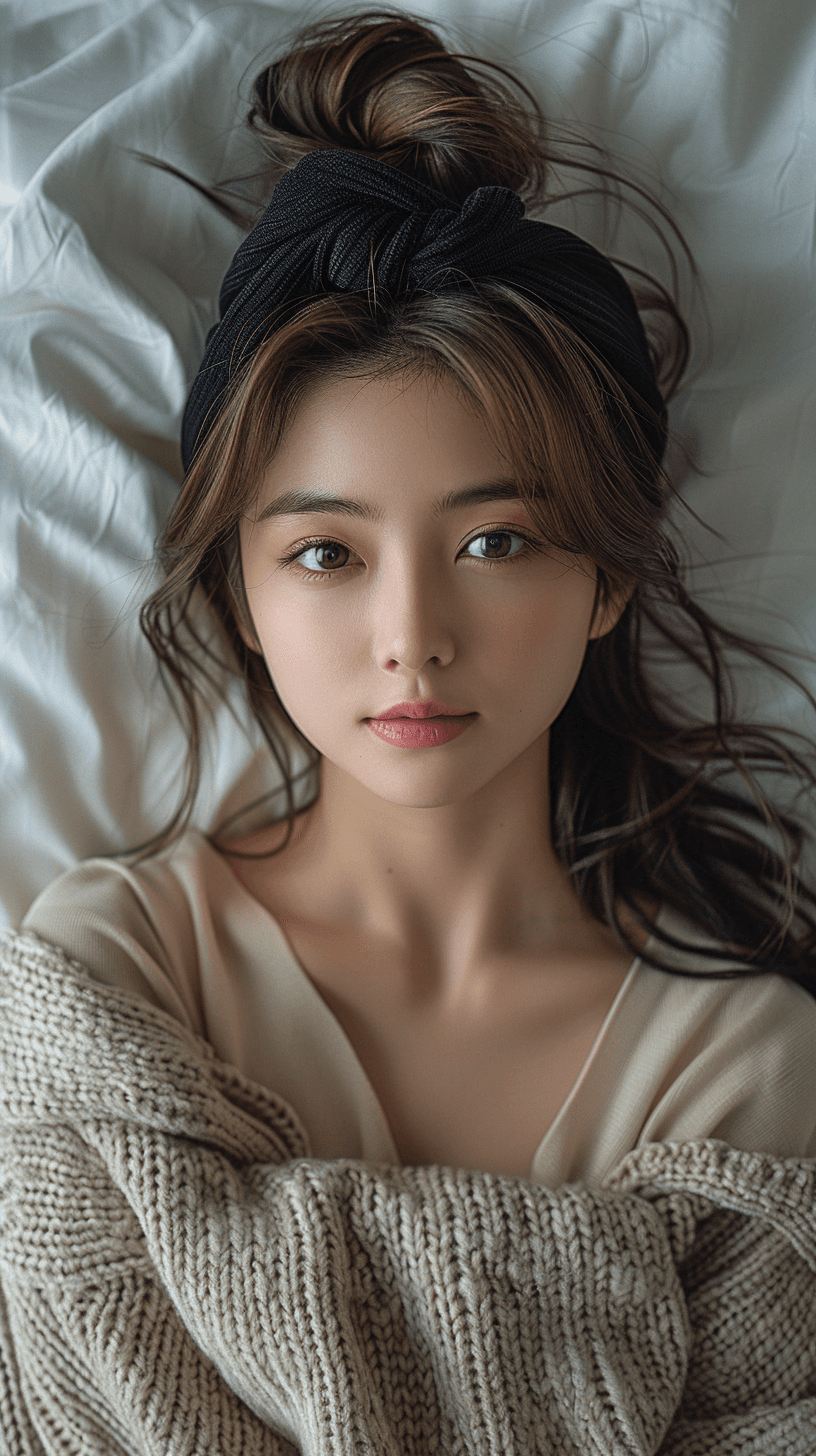 AI generated: Cute, pretty Korean girl with long hair wearing a beige sweater and black headband lying on the bed ...