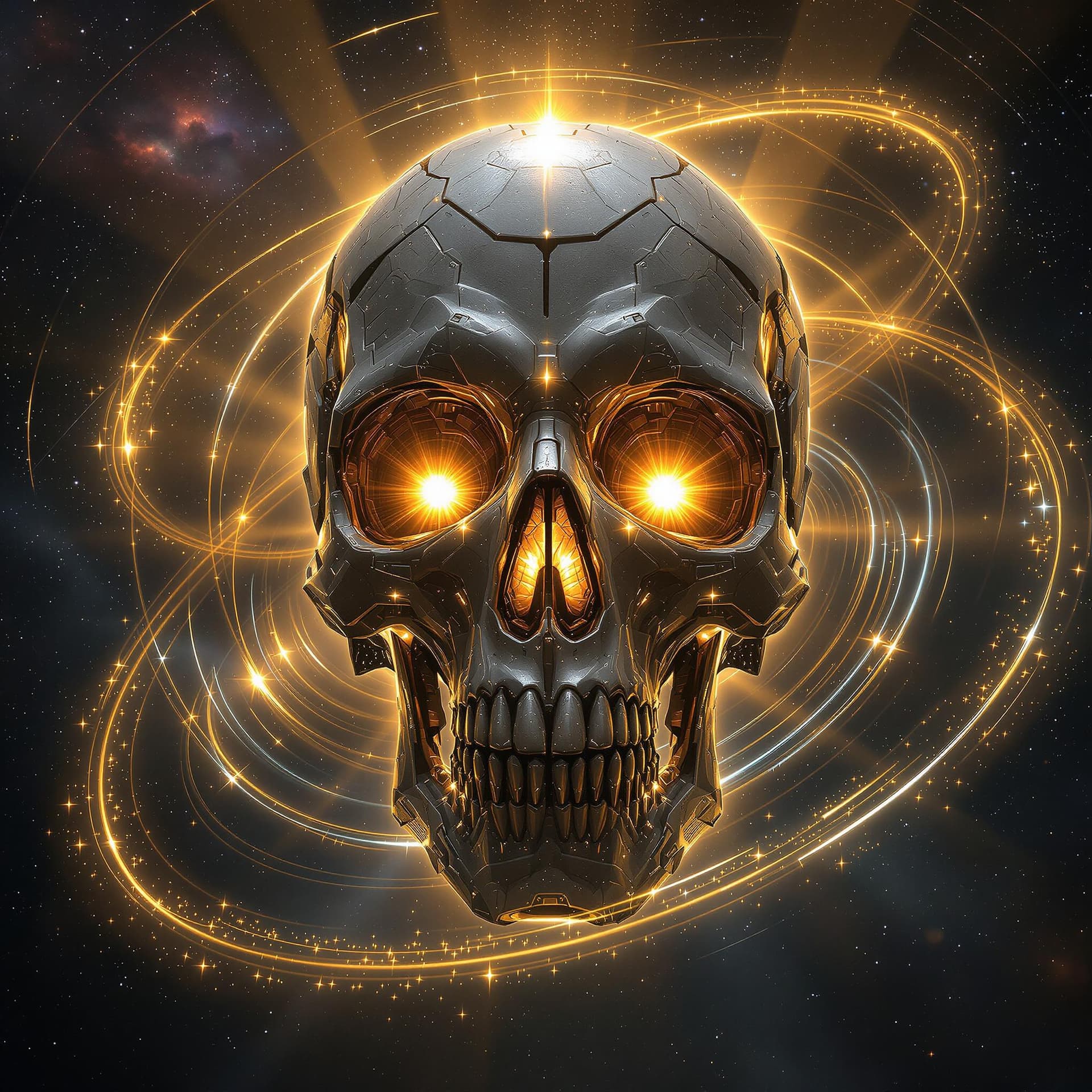 AI generated: A colossal, hyperrealistic skull-shaped mothership looms in the vastness of deep space, its scale un...