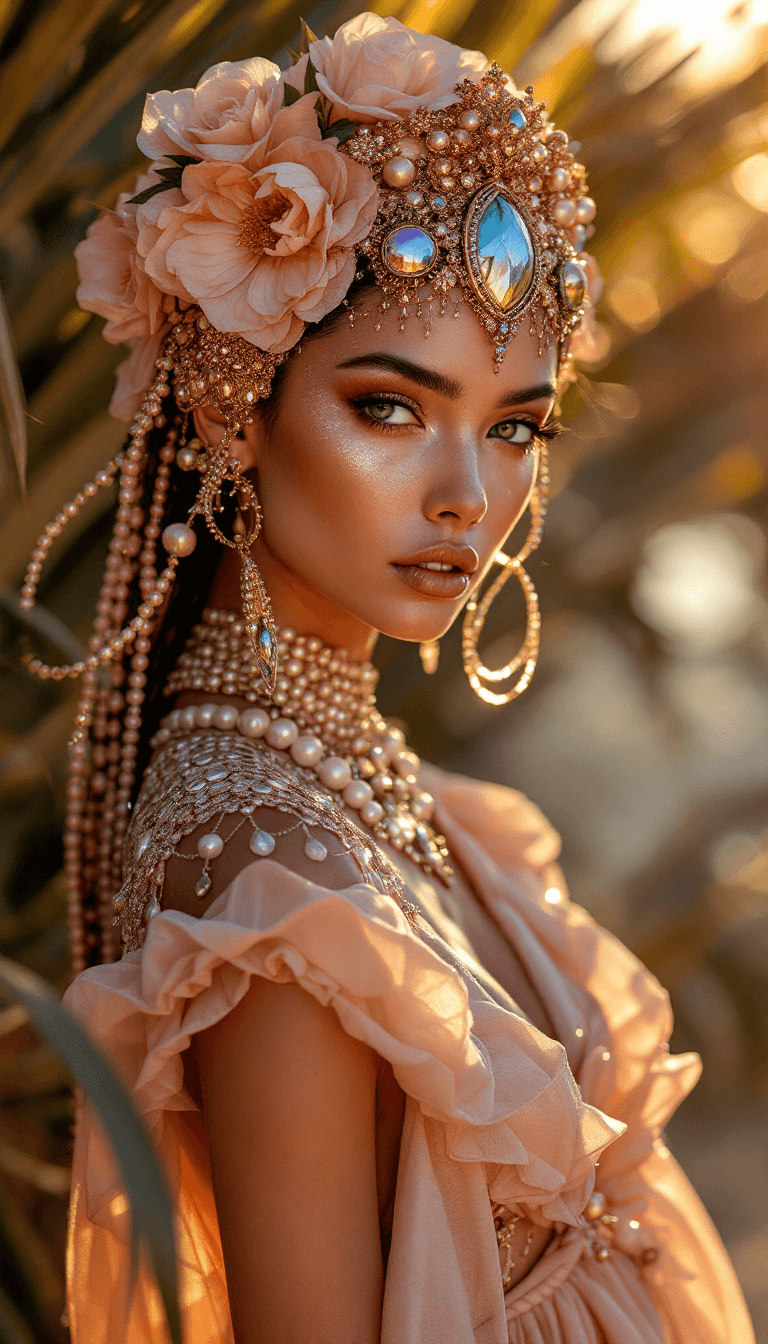 AI generated: fashion editorial shot by Tim Walker in a Moroccan farm, luxury silk resort wear, gorgeous female mo...
