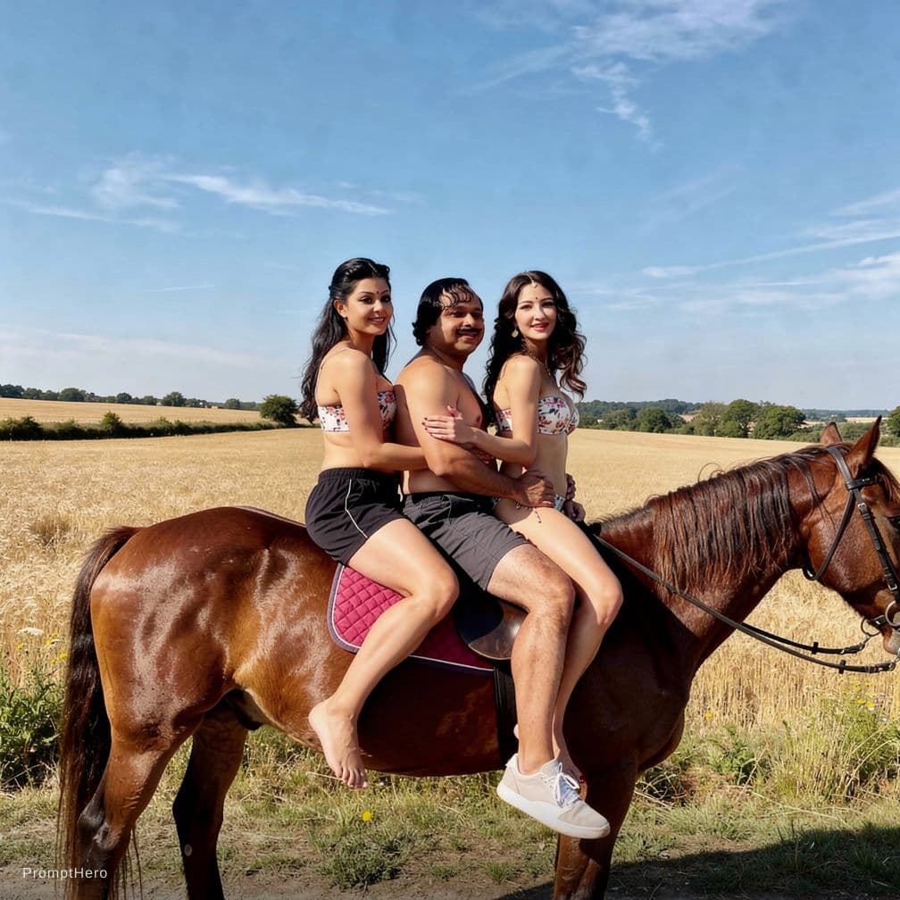 AI generated: Three people riding on a single horse man seat between two girls and hold her tightly girls in bikin...